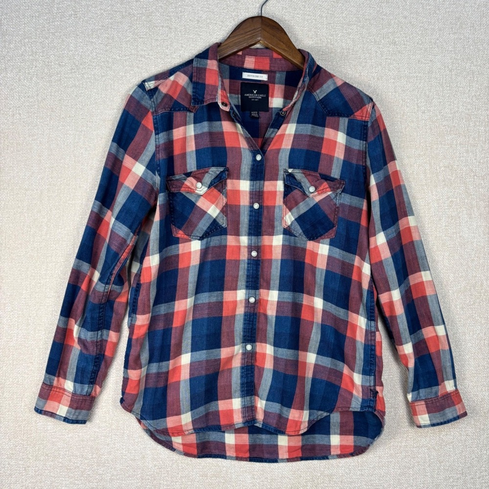 American Eagle Plaid Flannel Shirt Womens Medium Boyfriend Fit Blue Red Western